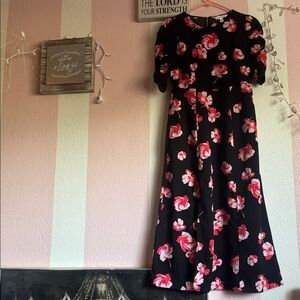 POPSUGAR Black Midi Dress with Pink & Red Floral Print